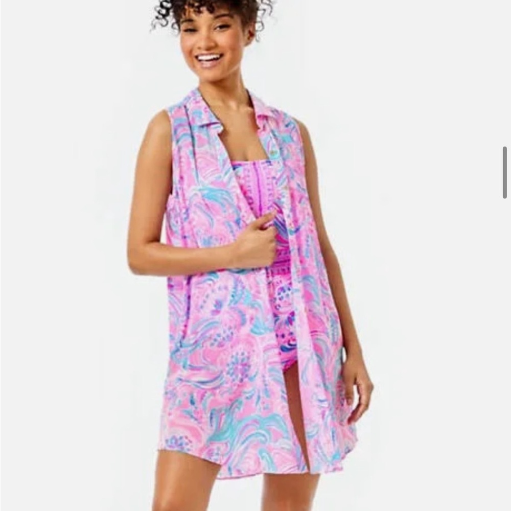 Lily Swim! Beautiful Natalie Shirt dress cover up in Prosecco Pink. Size M. EUC